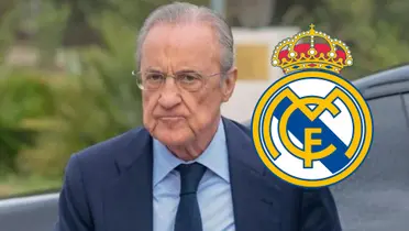 Florentino Pérez serio y el escudo del Real Madrid.