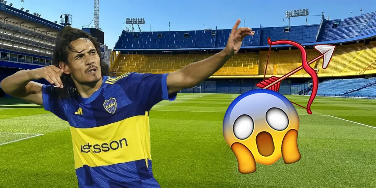 Cavani festejando haciendo el arco y flecha con la camiseta de Boca en La Bombonera