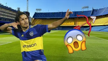 Cavani festejando haciendo el arco y flecha con la camiseta de Boca en La Bombonera