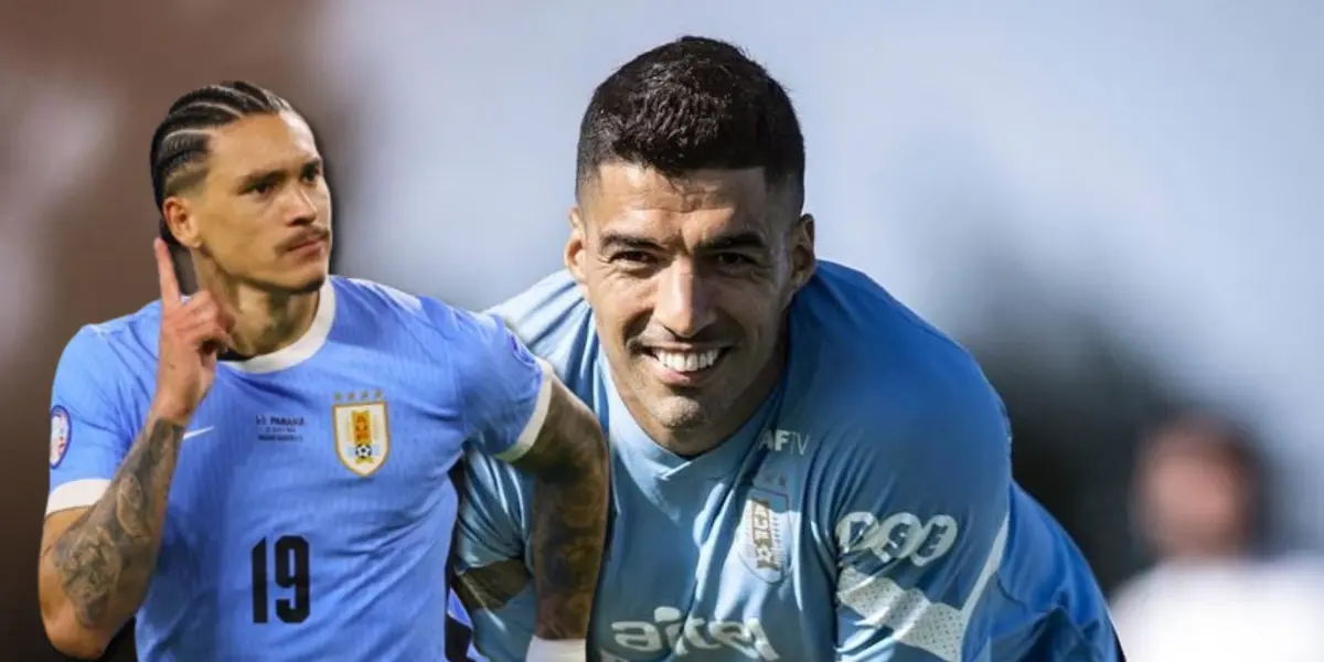 Darwin Núñez festejando su gol y Luis Suárez de fondo.