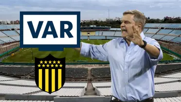 Diego Aguirre, DT de Peñatol, y una imagen del VAR