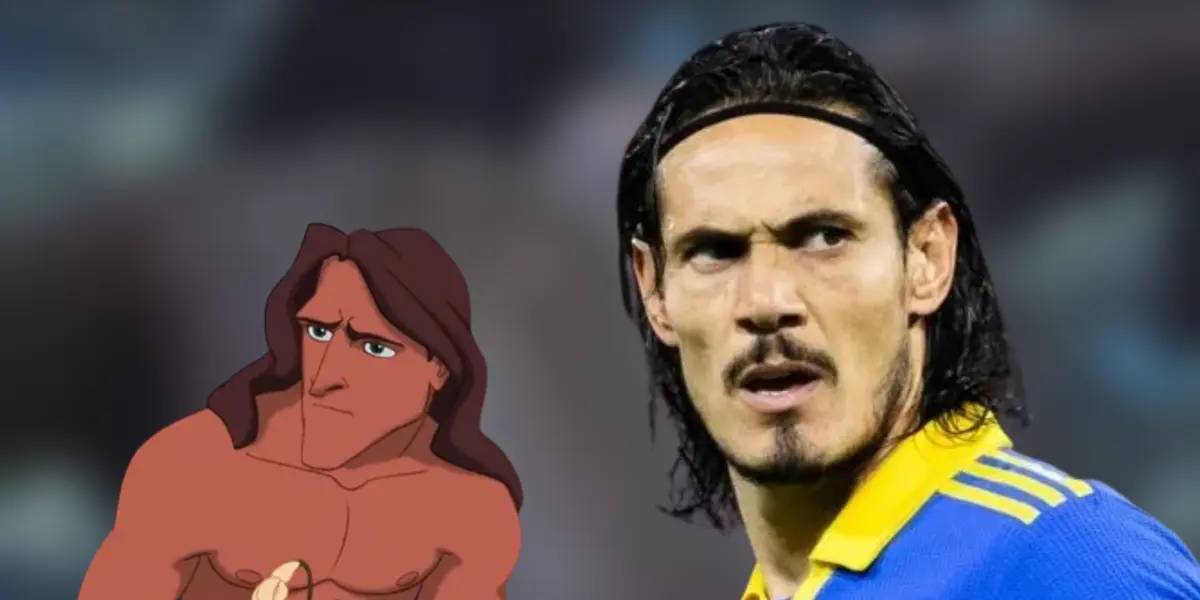 Edinson Cavani con la camiseta de Boca Juniors junto al peronaje animado de Tarzán