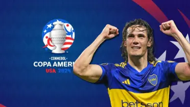 Edinson Cavani con la camiseta de Boca y el logo de la Copa América.
