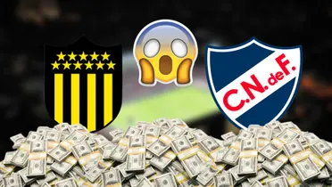 Escudos de Peñarol y Nacional con el Gran Parque Central de fondo