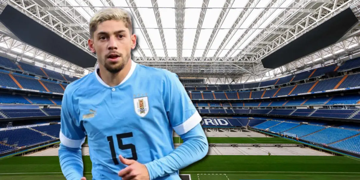 Federico Valverde con la camiseta de Uruguay y de fondo el Santiago Bernabéu.
