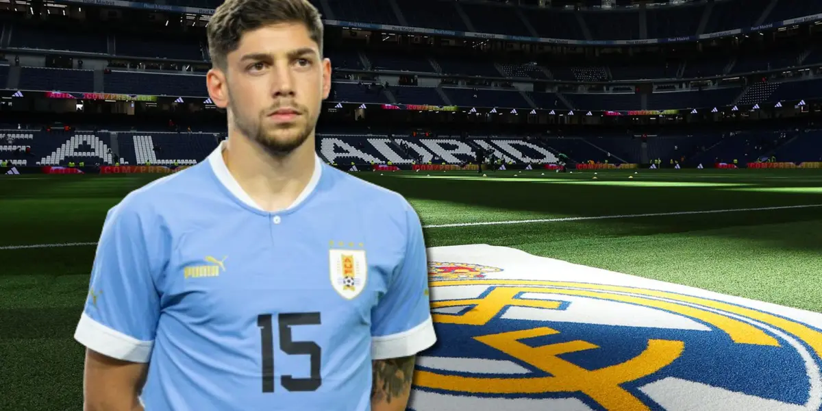 Federico Valverde con la camiseta de Uruguay y el Santiago Bernabéu de fondo.