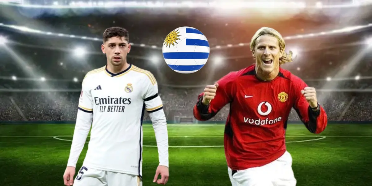 Federico Valverde con la indumentaria del Real Madrid junto a Diego Forlán