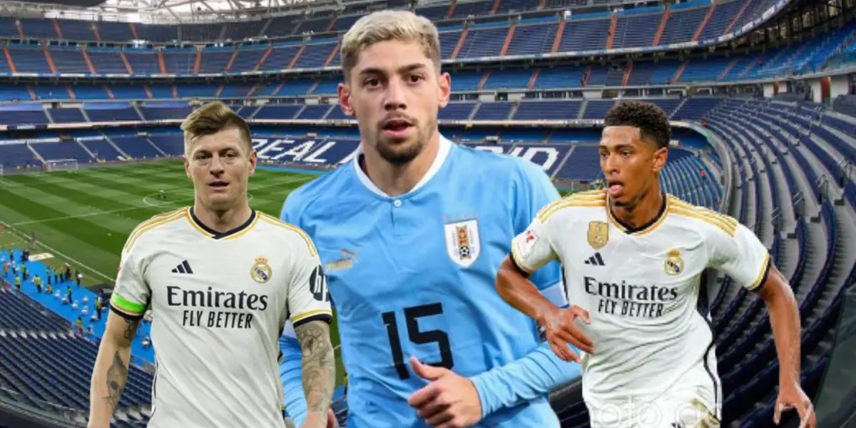 Federico Valverde junto a Toni Kroos y Jude Bellingham en el estadio del Real Madrid