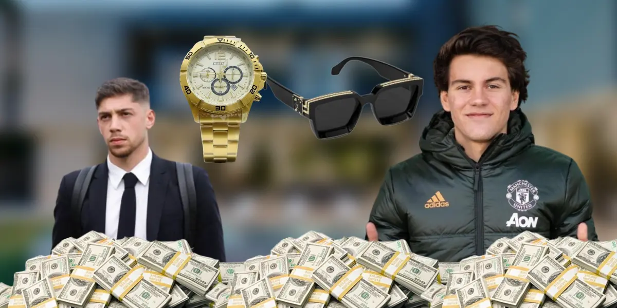 Federico Valverde vestido elegante y Facundo Pellistri con la indumentaria del Manchester United