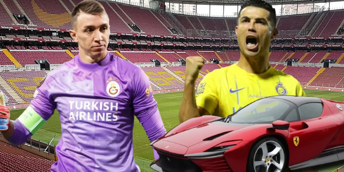 Fernando Muslera y Cristiano Ronaldo, con una Ferrari, en el estadio del Galatasaray