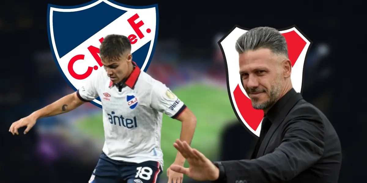 Jeremía Recoba con la camiseta de Nacional y Martín Demichelis en River