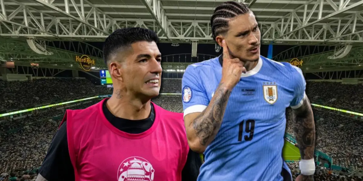 Luis Suárez y Darwin Núñez con el Hard Rock Stadium de fondo.