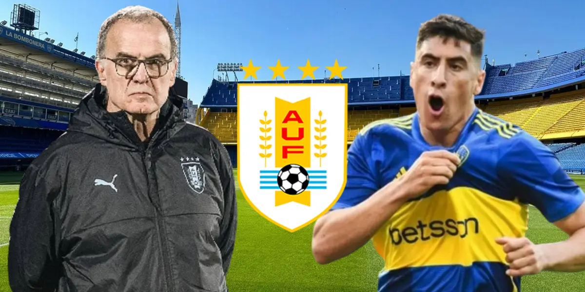 Marcelo Bielsa, DT de Uruguay, y Miguel Merentiel, jugador de Boca, en La Bombonera