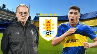 Marcelo Bielsa, DT de Uruguay, y Miguel Merentiel, jugador de Boca, en La Bombonera