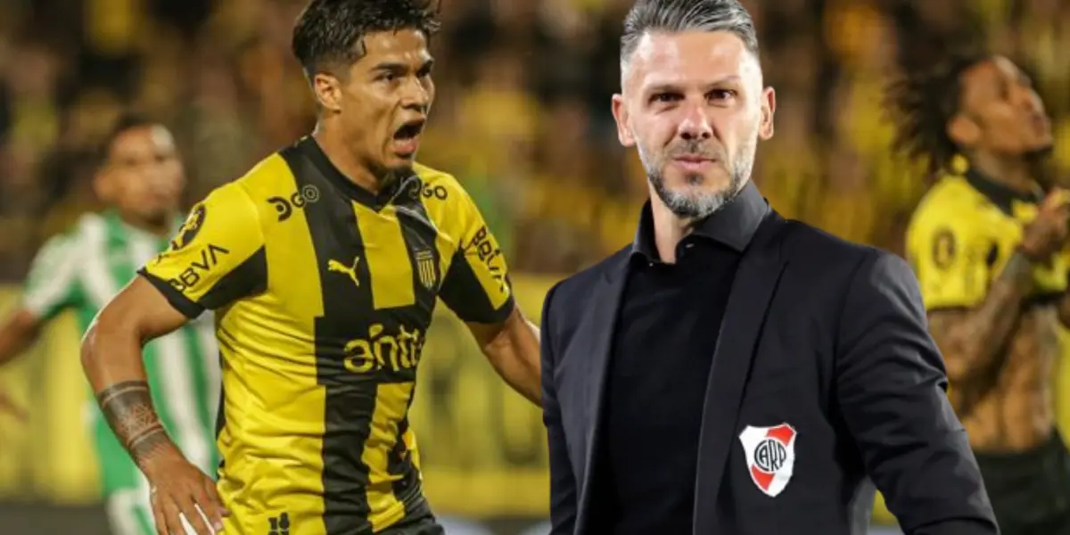 Matías Arezo en Peñarol y Martín Demichelis, el entrenador de River Plate de Argentina.
