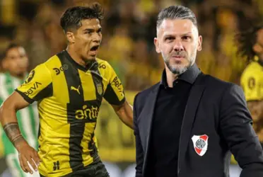 Matías Arezo en Peñarol y Martín Demichelis, el entrenador de River Plate de Argentina.