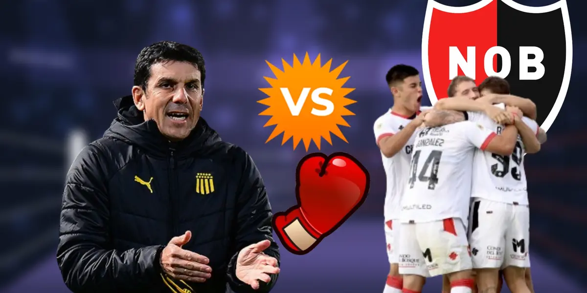 Mauricio Larriera con un camperón de Peñarol y los jugadores de Newell's