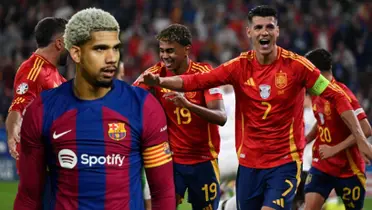 Ronald Araújo con la camiseta de Barcelona y jugadores de España de fondo.