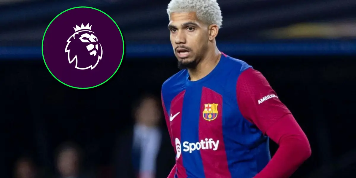 Ronald Araujo con la camiseta del Barcelona y el logo de la Premier League.