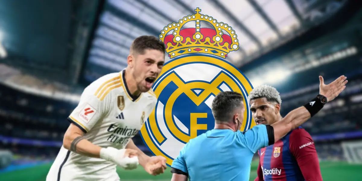 Ronald Araujo discutiendo con el árbitro en el partido ante PSG de la Champions League 2024