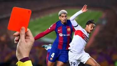 Ronald Araújo y Bradley Barcola en la jugada de la expulsión