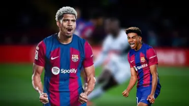 Ronald Araújo y Lamine Yamal con la camiseta del Barcelona ante París Saint-Germain